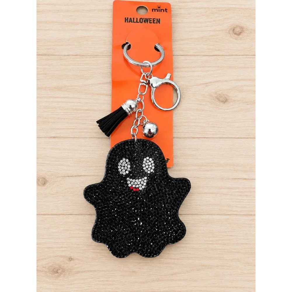 Mint Halloween Rhinestone Ghost Keychain Tassel Bell Silver Black Red Set of 3